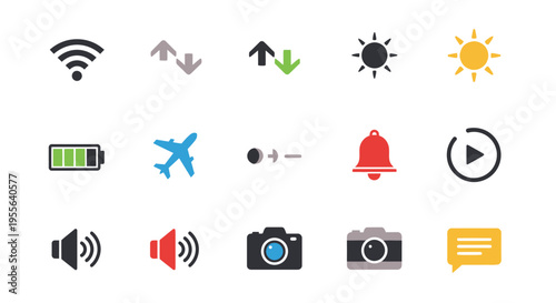 Comprehensive set of mobile phone status bar and notification icons featuring wireless, data transfer, brightness, battery, airplane mode, alarm, volume, and camera functions on an 