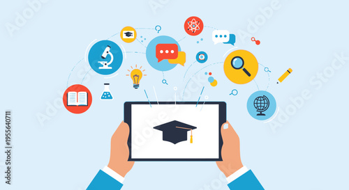 Hands holding a digital tablet displaying a graduation cap and various academic and learning icons, representing modern online education and digital learning on a light blue background.