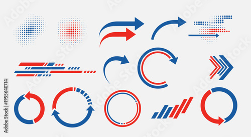 Dynamic Set of Red and Blue Arrows and Circular Progress Icons, in a Bright Studio.
