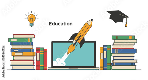 Online education concept with laptop launching a pencil rocket, stacks of books, a graduation cap, and a glowing lightbulb on a bright studio background.