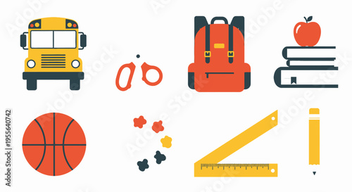 School supplies collection with yellow bus, backpack, books, apple, basketball, ruler, pencil, and paper clips on an isolated white background.
