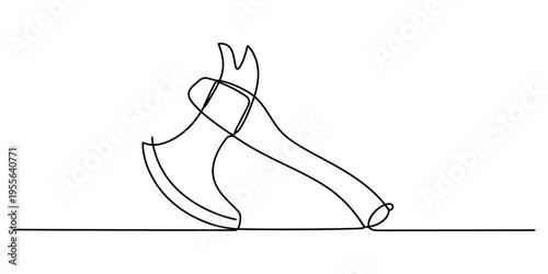 A minimalist single line drawing of a sharp axe resting on a flat surface against white background Vector, illustration