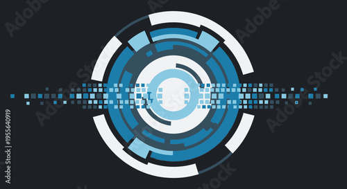 Abstract blue circular digital interface with radiating pixelated data on dark background.