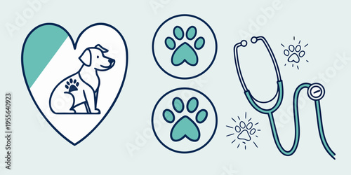 Veterinary and pet care veterinary pet care heart paw prints stethoscope animal health