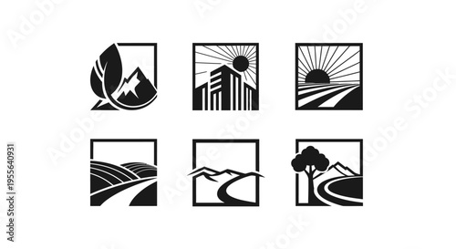 Nature and Urban Landscape Logo Collection in Black and White on isolated white background
