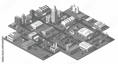 Isometric city district with various buildings and roads, urban planning concept, isolated white background.
