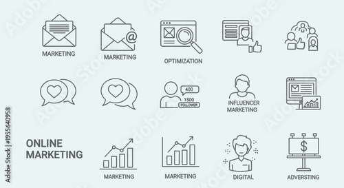 Comprehensive Set of Online Marketing Line Icons for Digital Marketing, SEO, Social Media, and Advertising on Isolated White Background