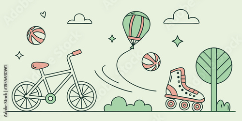 Whimsical of outdoor recreational activities bicycle roller skate