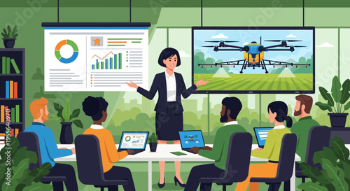 Business meeting presentation on drone technology in agriculture.
