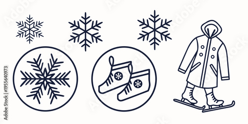 Winter clothing and ice skating with snowflakes boots coat