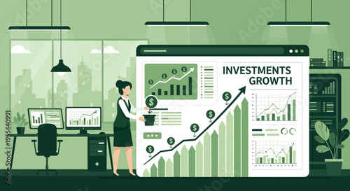 Businesswoman analyzing investment growth chart on a large screen.