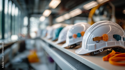 Close up of a row of bright white hard hats lined up on a clean shelf in a construction site office each hat with a different colored sticker and chin strap neatly tucked safety