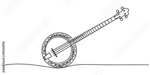 A continuous line drawing of a classic five string banjo resting on a flat surface in black ink Vector, illustration