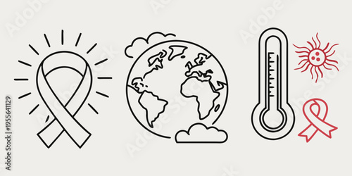 Climate change and awareness symbols line ribbon globe