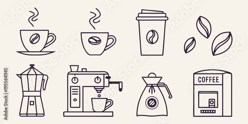 Coffee and symbols for beverage line cup coffee beans coffee machine