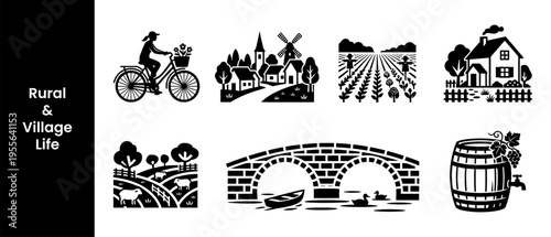 Rural and village life icons representing countryside and rustic lifestyle