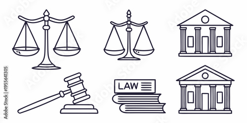 Law including scales of justice and gavel court