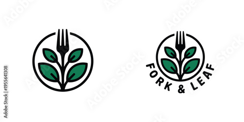 Vegan Day minimalist fork with leaves badge in monochrome circle design