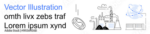 Industrial manufacturing, technological innovation, blockchain integration, cloud services, energy production, global connectivity. Visual of a factory, globe and servers. Industrial manufacturing