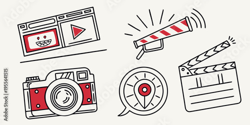 Red and white production on white camera clapperboard megaphone location pin