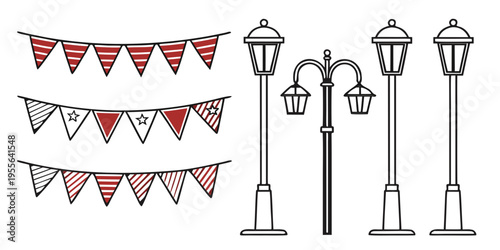 Street and festival line set with lamps and banners line lamps flags