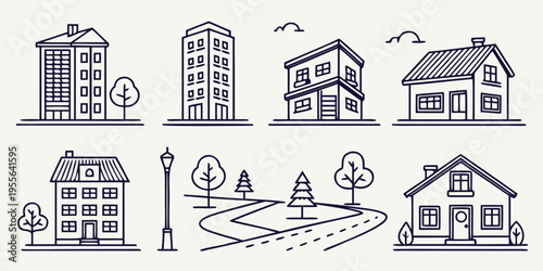 Various houses and buildings with trees and road streetlight