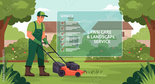 Gardener Mowing Lawn with Professional Lawn Care Service Display.