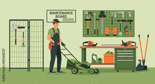 Gardener pushing a lawnmower in a workshop.