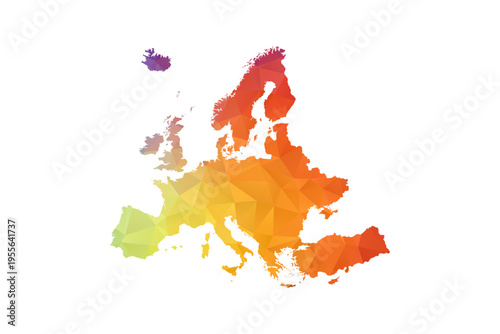 Europe Map - Polygon Style Vector Illustration in Rainbow Gradient, Low Poly Multicolor Geometric Design, Isolated on White Background, Suitable for Reports, and Creative Projects.