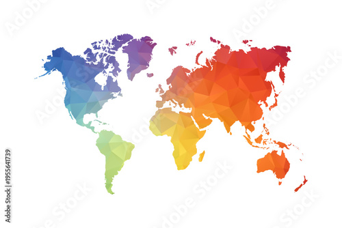 World Map - Polygon Style Vector Illustration in Rainbow Gradient, Low Poly Multicolor Geometric Design, Isolated on White Background, Suitable for Reports, and Creative Projects.