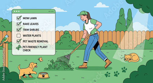 Gardener Raking Leaves with Pet Checklist and Animals.