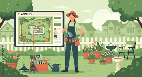 Gardener Planning Landscape Design with Tools and Plants.