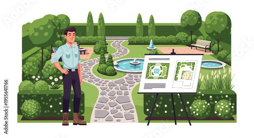Gardener standing proudly next to landscape design plan.