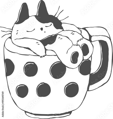 Hand Drawn Cat With Giant Coffee Cup, Funny Doodle Line Art Ink Sketch Illustration