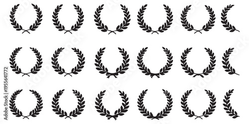 Set of black circular foliate laurels branches. Laurel wreath. Silhouette vintage laurel wreaths collection. Heraldic trophy crest. Greek olive branch award, winner round emblem 
