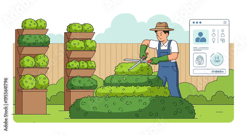 Gardener tending to lush green plants with digital interface.