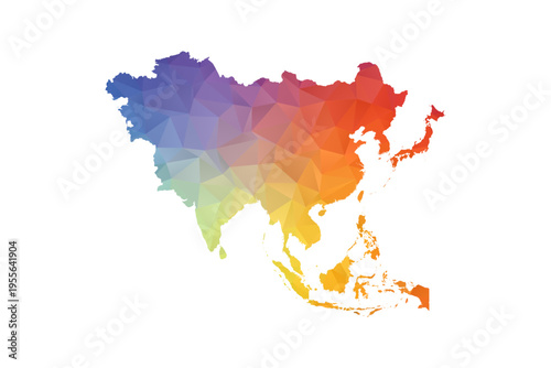 Asia Map - Polygon Style Vector Illustration in Rainbow Gradient, Low Poly Multicolor Geometric Design, Isolated on White Background, Suitable for Reports, and Creative Projects.