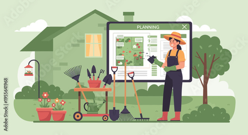 Gardening woman with tools and digital display.