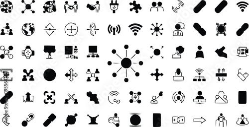 These icons collectively represent collaboration and partnership, power and connectivity, troubleshooting and integration, user and customer support, network and data communications, cloud computing, 