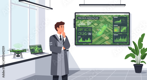 Man in Lab Coat Contemplating Drone Technology Data Display.