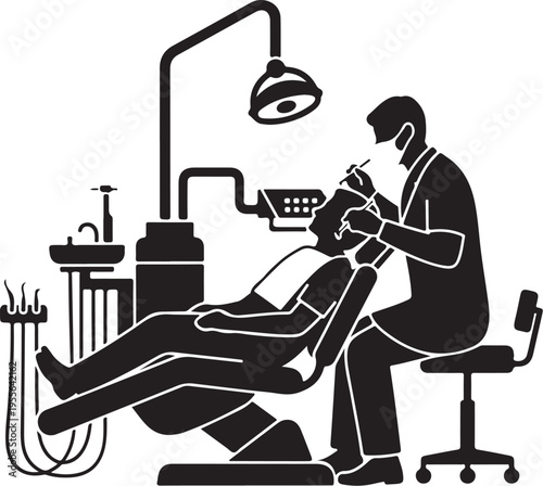 Flat design vector of a dentist checking a patient's teeth in a modern clinic, ideal for healthcare, dental services, and medical education.