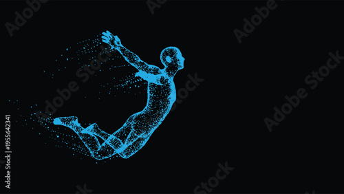 Abstract Human Figure Made of Blue Particles Floating
