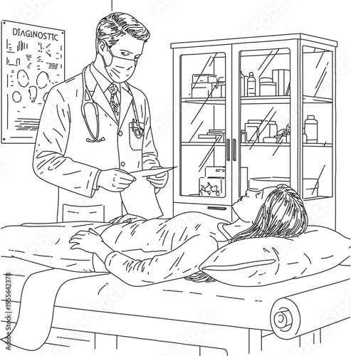 Flat design vector of a physician conducting a medical checkup in a clinic, ideal for healthcare, education, and business materials.