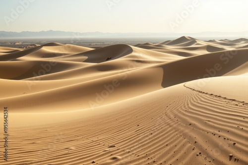 The image depicts a desert landscape with sand dunes gradually unfolding under the soft morning light. The patterns created by the wind form beautiful natural lines, with warm, neutral tones.