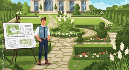 Man standing next to blueprint in a garden.