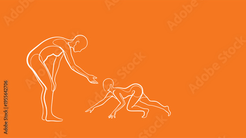 Abstract Line Art of Standing Figure Helping Person Crawling
