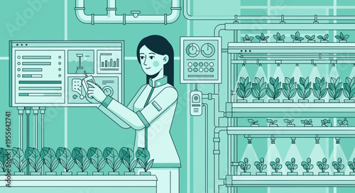 Scientist tending to futuristic vertical farm with advanced technology.