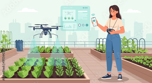 Woman controlling drone for urban farming innovation.