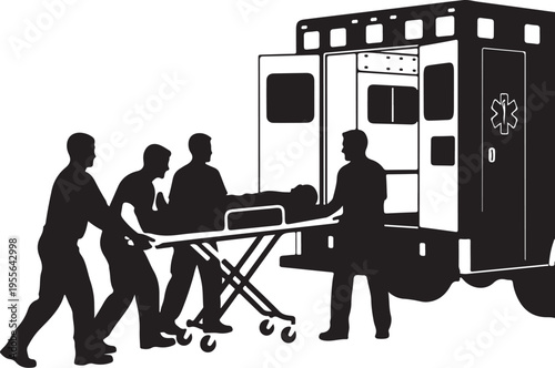 Flat design vector of paramedics transporting patient on stretcher into ambulance, ideal for healthcare, emergency services, and medical education content.
