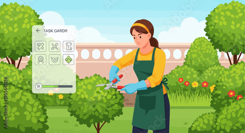 Woman gardener meticulously pruning green bush with shears.